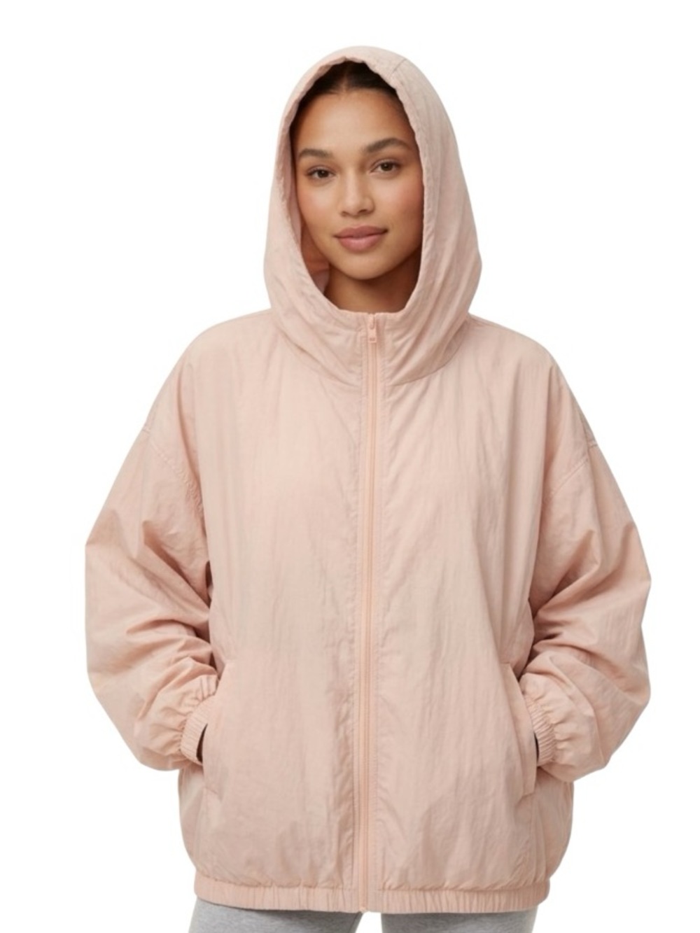 Aritzia TNA Hooded Bomber Windbreaker Light Pink 90s Style Sz M Oversized Jacket